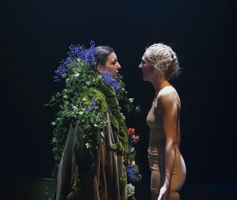 Vemos a dos mujeres enfrentadas de perfil. A la derecha, una de ellas está cubierta por una capa llena de flores, musgo y vegetación. Tiene una mirada triste; a la derecha, encontramos a una mujer rubia con el pelo recogido en una trenza. Su cuerpo está cubierto por un body color carne. Llora.