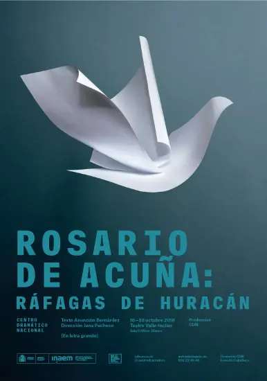 Cartel con una paloma de origami sobre fondo verde azulado. El texto dice: Rosario de Acuña: Ráfagas de Huracán, con detalles del evento y créditos de producción en español debajo.