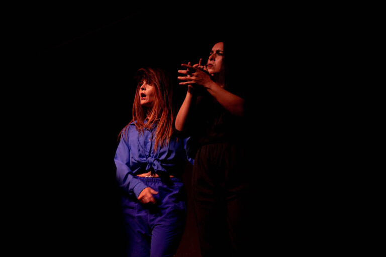 Vemos a dos mujeres sobre un escenario: una está vestida de azul con el pelo alborotado y con cara de sorpresa; a la derecha, la otra mujer toca las palmas. Va vestida de negro y alza la barbilla con cara desafiante.
