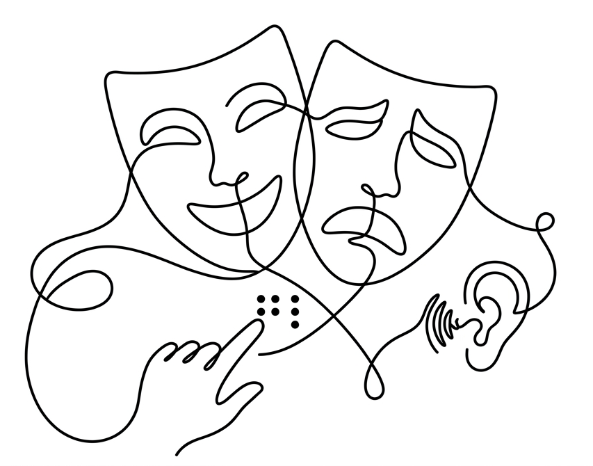 Ilustración minimalista en línea continua negra sobre fondo blanco que representa la accesibilidad escénica. La composición entrelaza de manera orgánica las máscaras tradicionales del teatro con perfiles humanos y formas abstractas que evocan ondas sonoras, el oído y la percepción sensorial, simbolizando herramientas como las mochilas vibratorias, la audiodescripción y el acceso universal a la cultura.