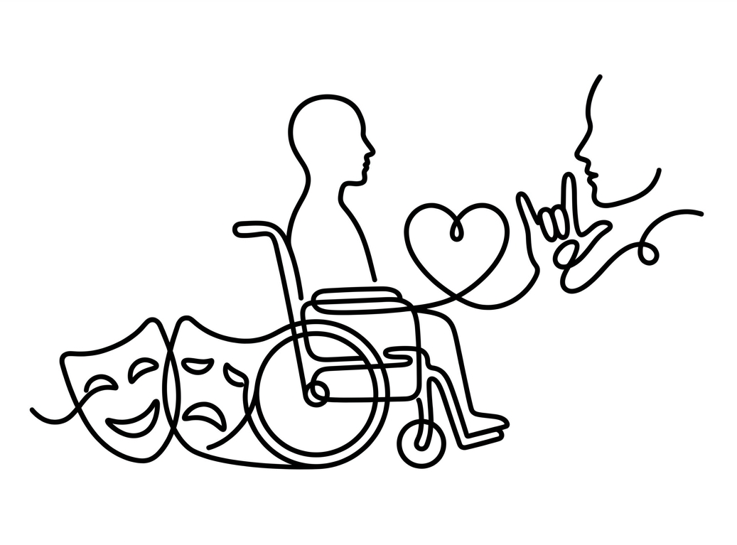"Ilustración en estilo 'one line' o línea continua negra sobre fondo blanco para la sección de inclusión escénica. Las máscaras del teatro (tragedia y comedia) se conectan fluidamente con la silueta de una persona en silla de ruedas, que a su vez se enlaza a través de una línea con forma de corazón hacia el perfil de otra persona realizando un gesto con la mano, simbolizando la lengua de signos, la co-creación y la diversidad de cuerpos en las artes escénicas.