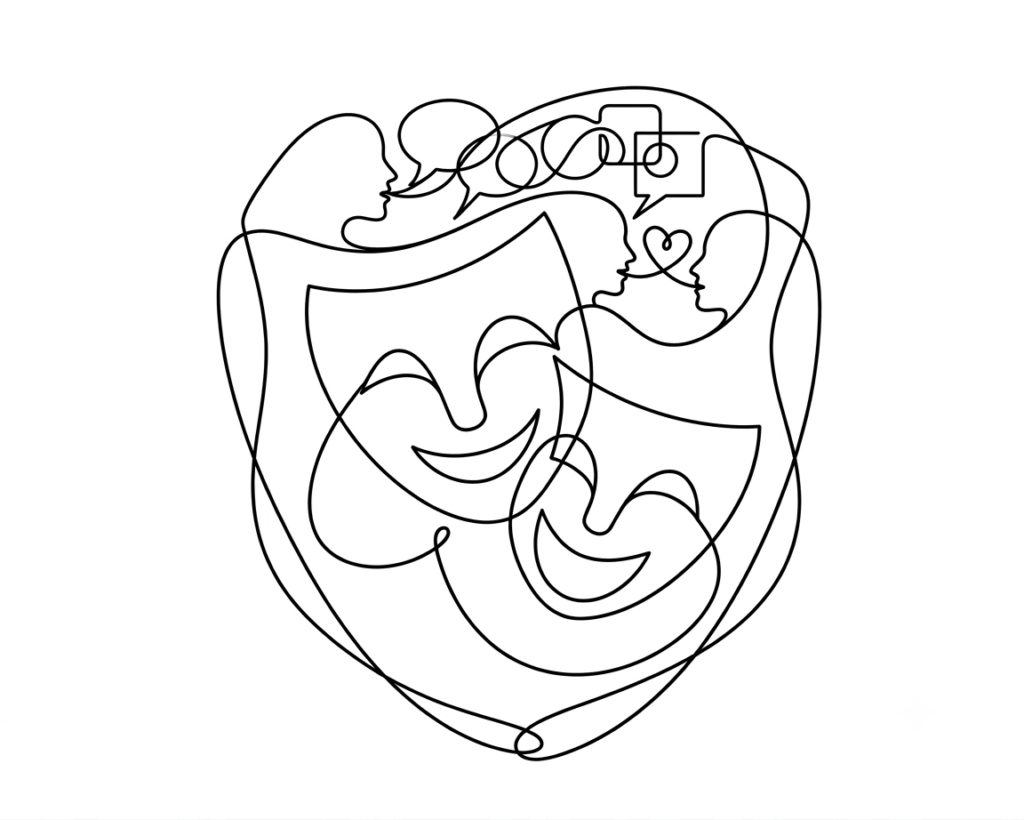 Ilustración conceptual de mediación escénica en estilo "one line" o línea continua negra sobre fondo blanco. La imagen entrelaza las clásicas máscaras de la comedia y la tragedia teatral con siluetas de perfiles humanos que dialogan a través de bocadillos de texto y líneas conectadas con un corazón, simbolizando el vínculo, la co-creación y el puente comunicativo entre el arte y la comunidad.